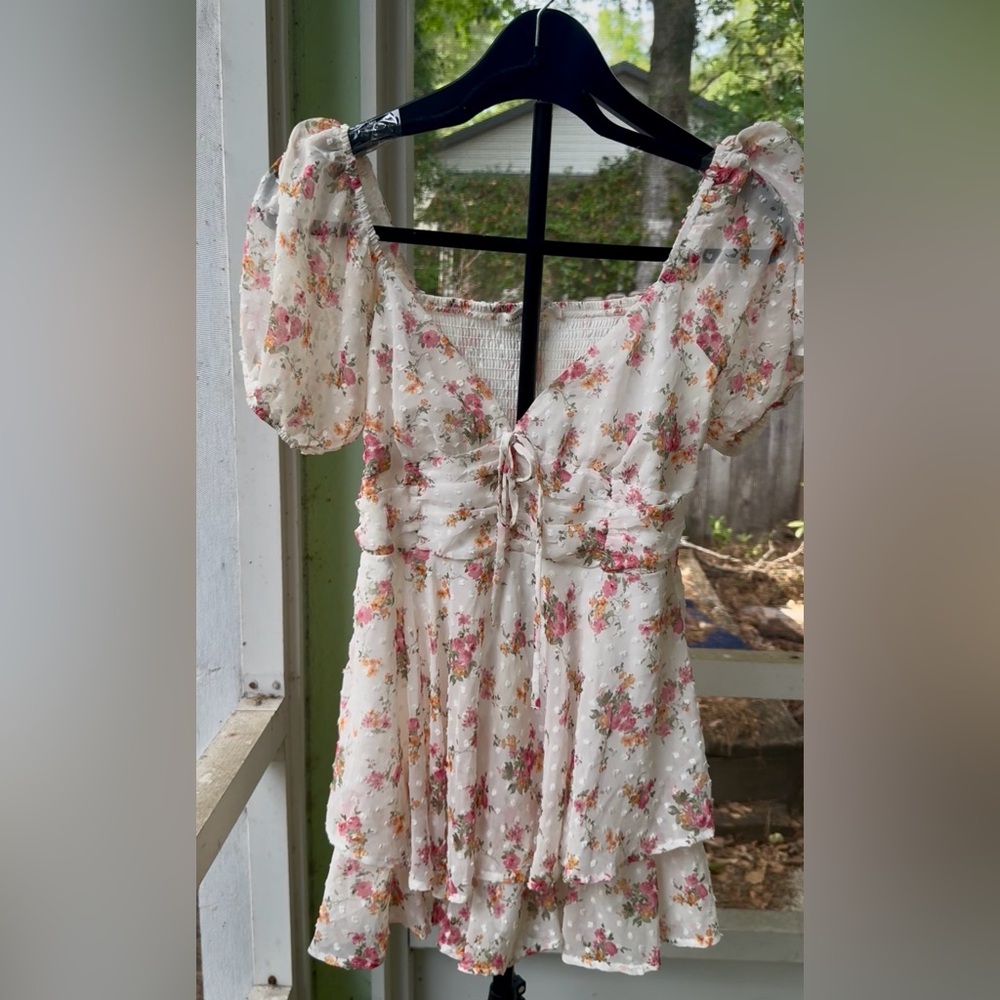 Altar'd State White Floral Mini Dress with Pink & Peach Bouquet Print